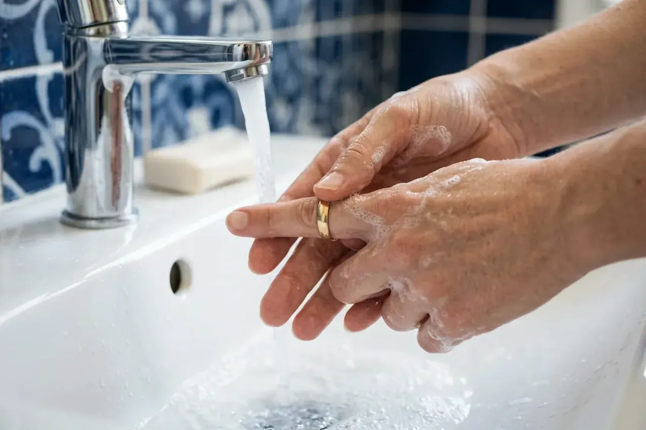 Une main sous l'eau froide avec du savon pour retirer en douceur une bague coincée au doigt.