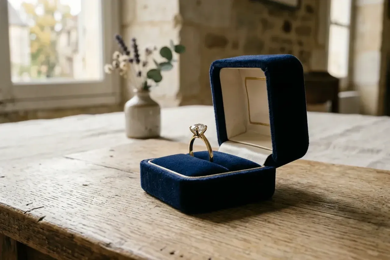 Une bague de fiançailles solitaire dans son écrin ouvert, dont il faut connaître la taille avant la demande.