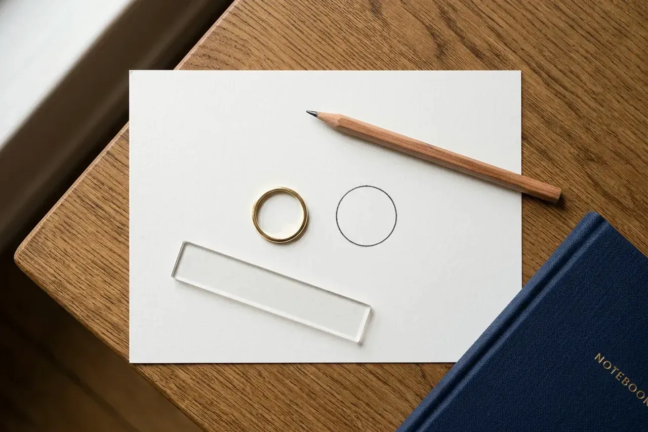 Une bague empruntée posée sur une feuille, son cercle intérieur tracé au crayon pour connaître sa taille de bague.