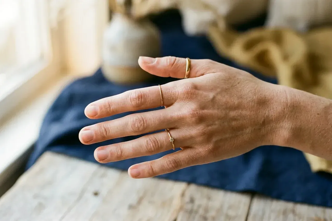 Une main portant des bagues au pouce, à l'index et à l'annulaire : la taille de bague varie par doigt.