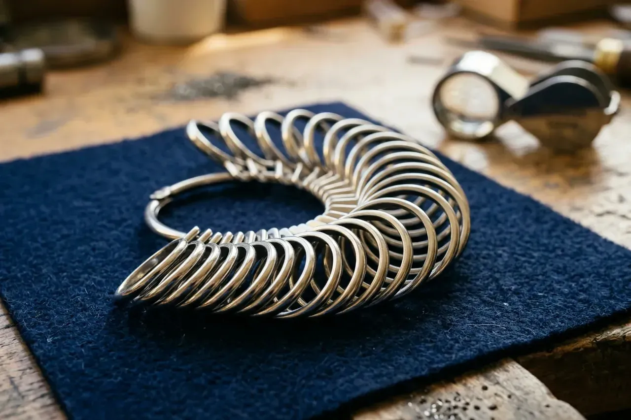 Un baguier de bijoutier aux anneaux en métal étalés en éventail, base du guide des tailles de bague.
