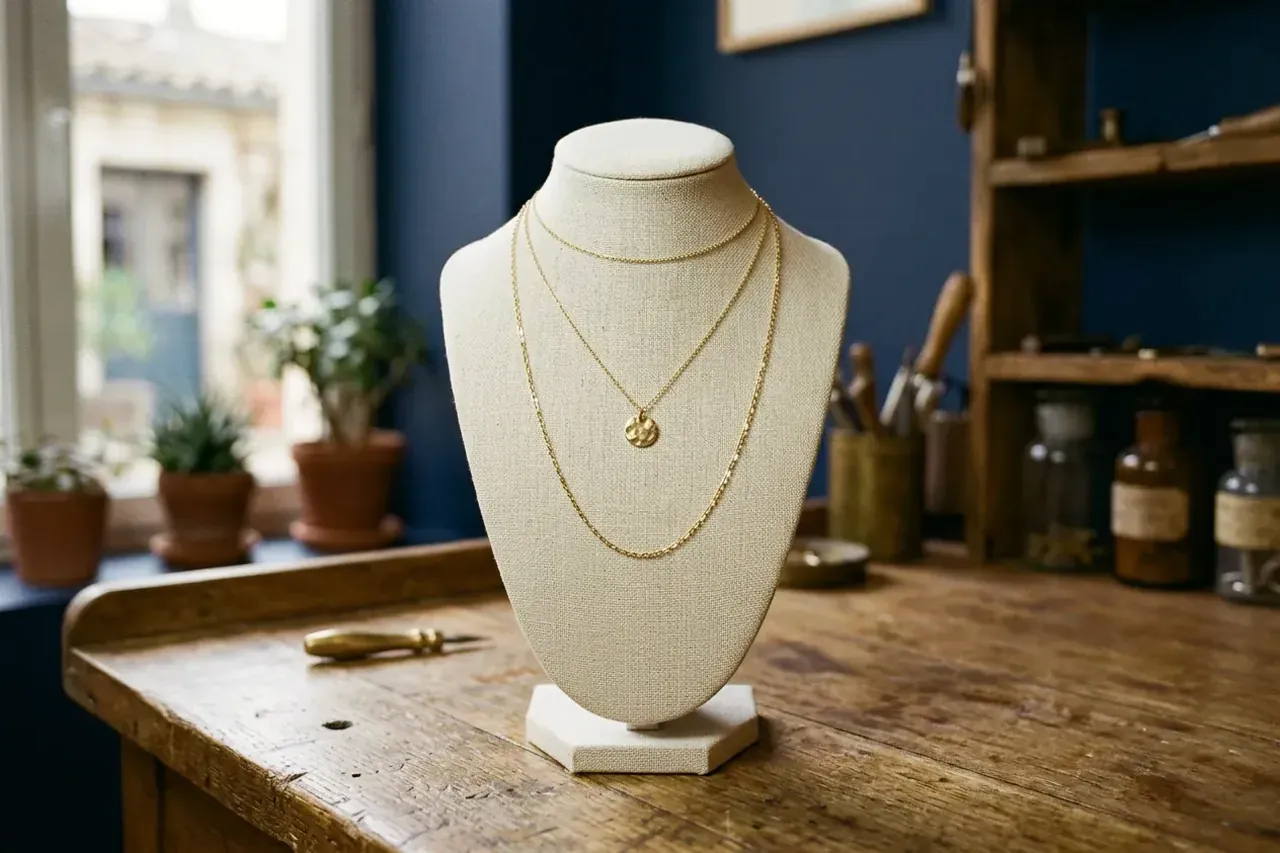 Trois colliers en or de longueur différente sur un buste, du ras-de-cou au sautoir, pour choisir sa longueur de collier.