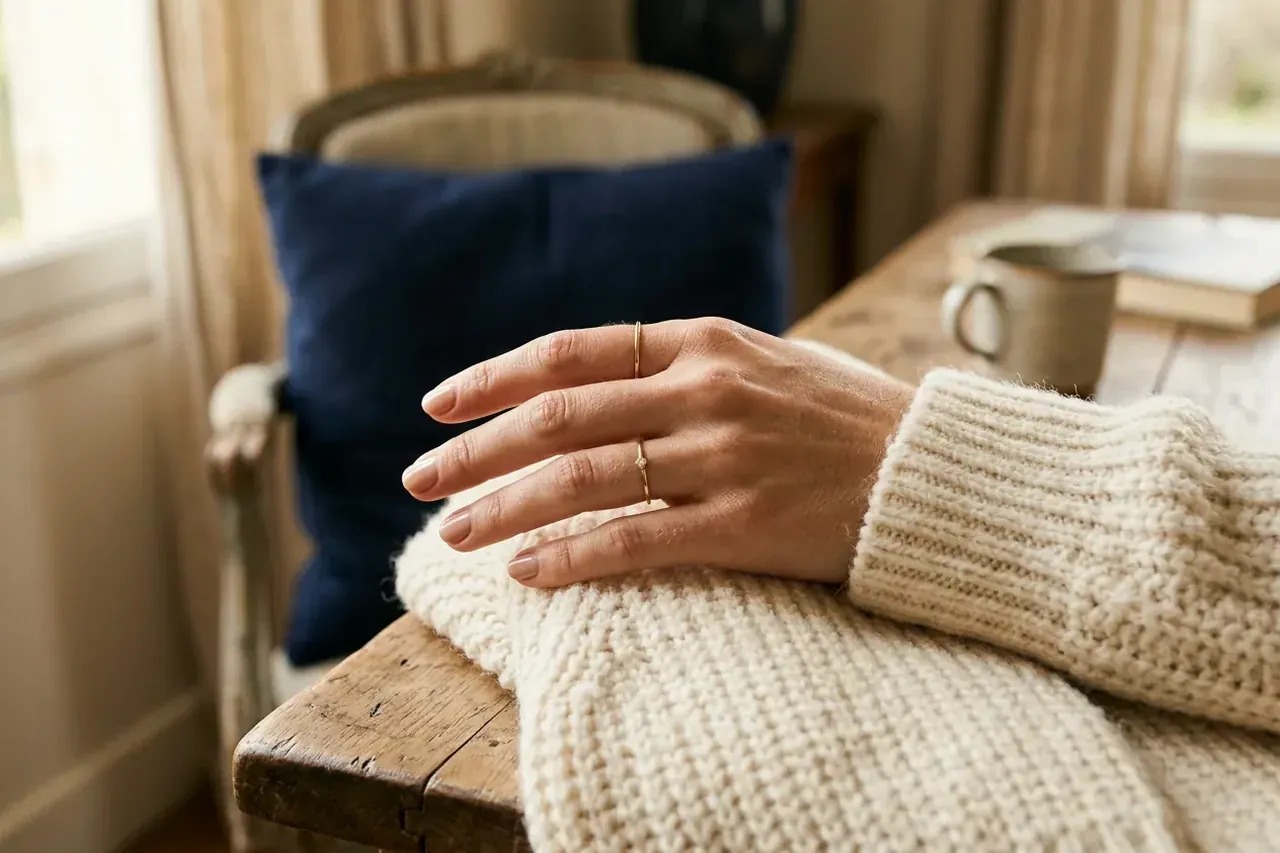 Une main de femme portant deux bagues fines en or, pour situer la taille moyenne de bague femme.