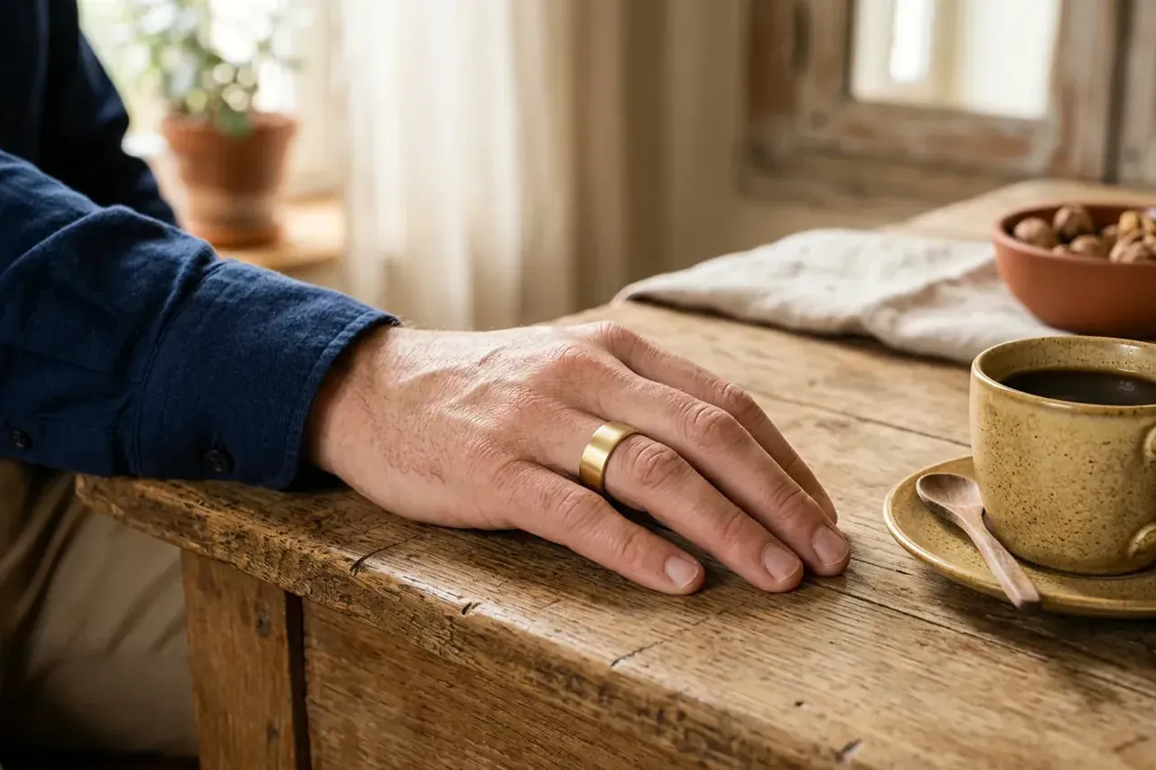 Une main d'homme portant une large alliance en or, pour situer la taille moyenne de bague homme.