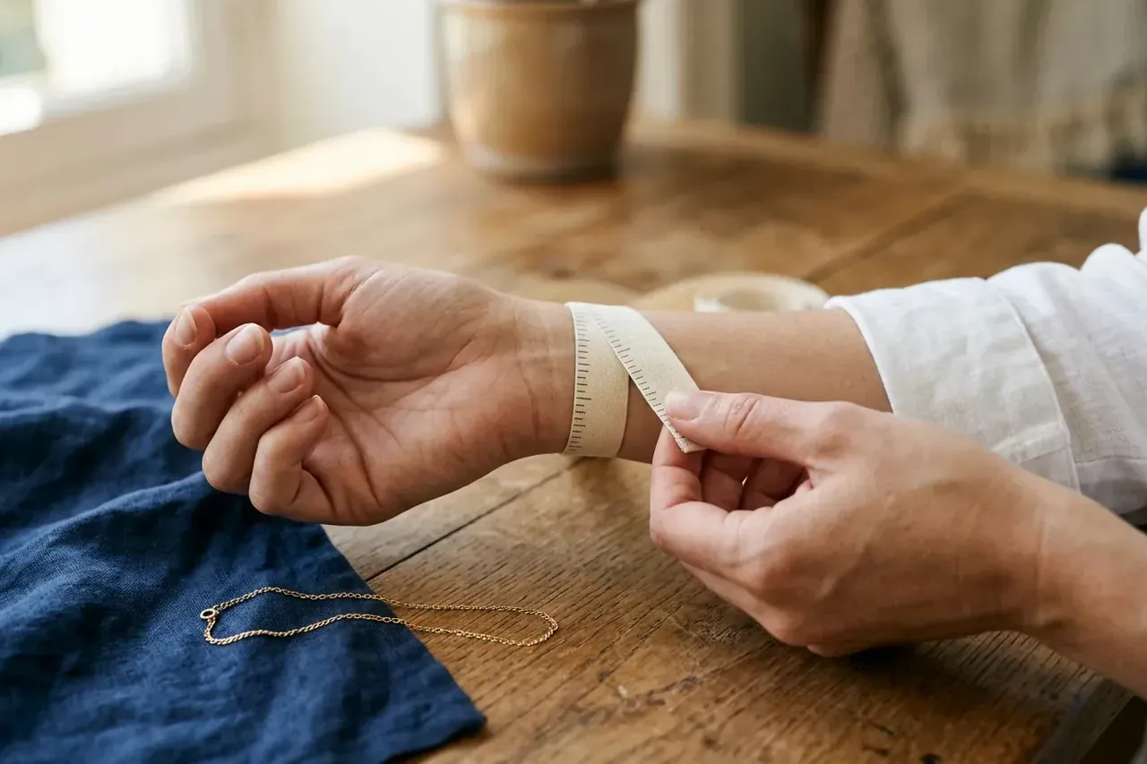 Un mètre ruban souple enroulé autour du poignet pour trouver sa taille de bracelet.