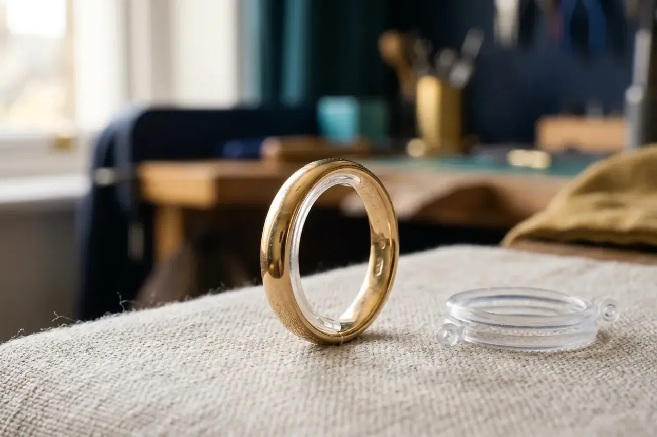 Une bague trop grande ajustée avec un réducteur en silicone transparent glissé à l'intérieur de l'anneau.